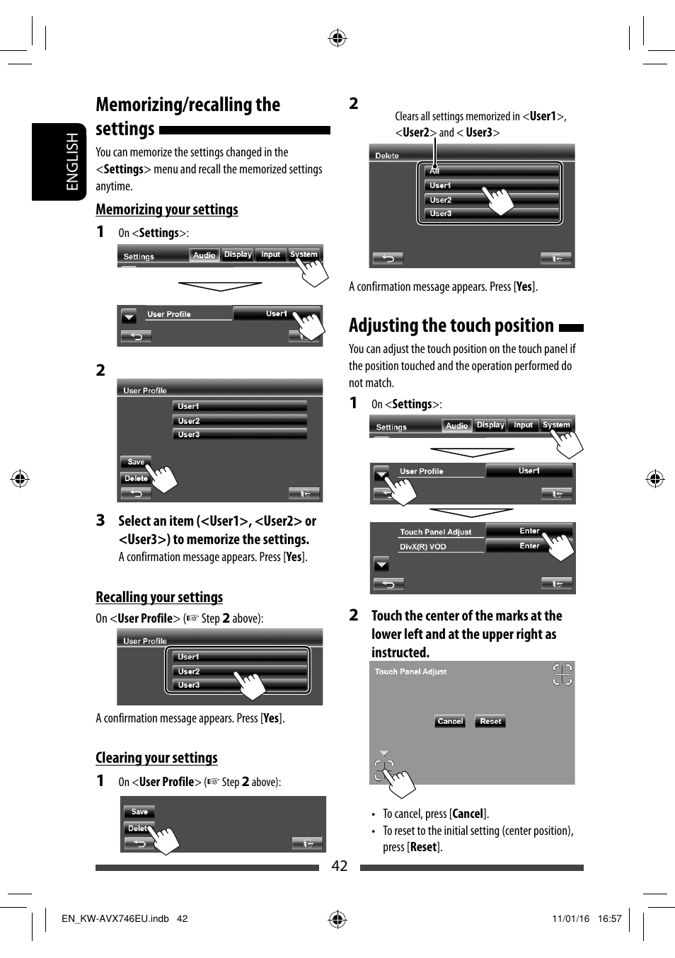 Memorizing/recalling the settings, Adjusting the touch position | JVC KW-AVX746 User Manual | Page 42 / 197