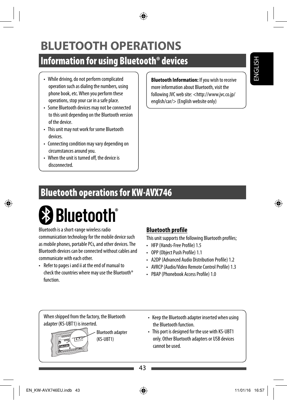 Bluetooth operations, Information for using bluetooth® devices, Bluetooth operations for kw-avx746 | JVC KW-AVX746 User Manual | Page 43 / 197