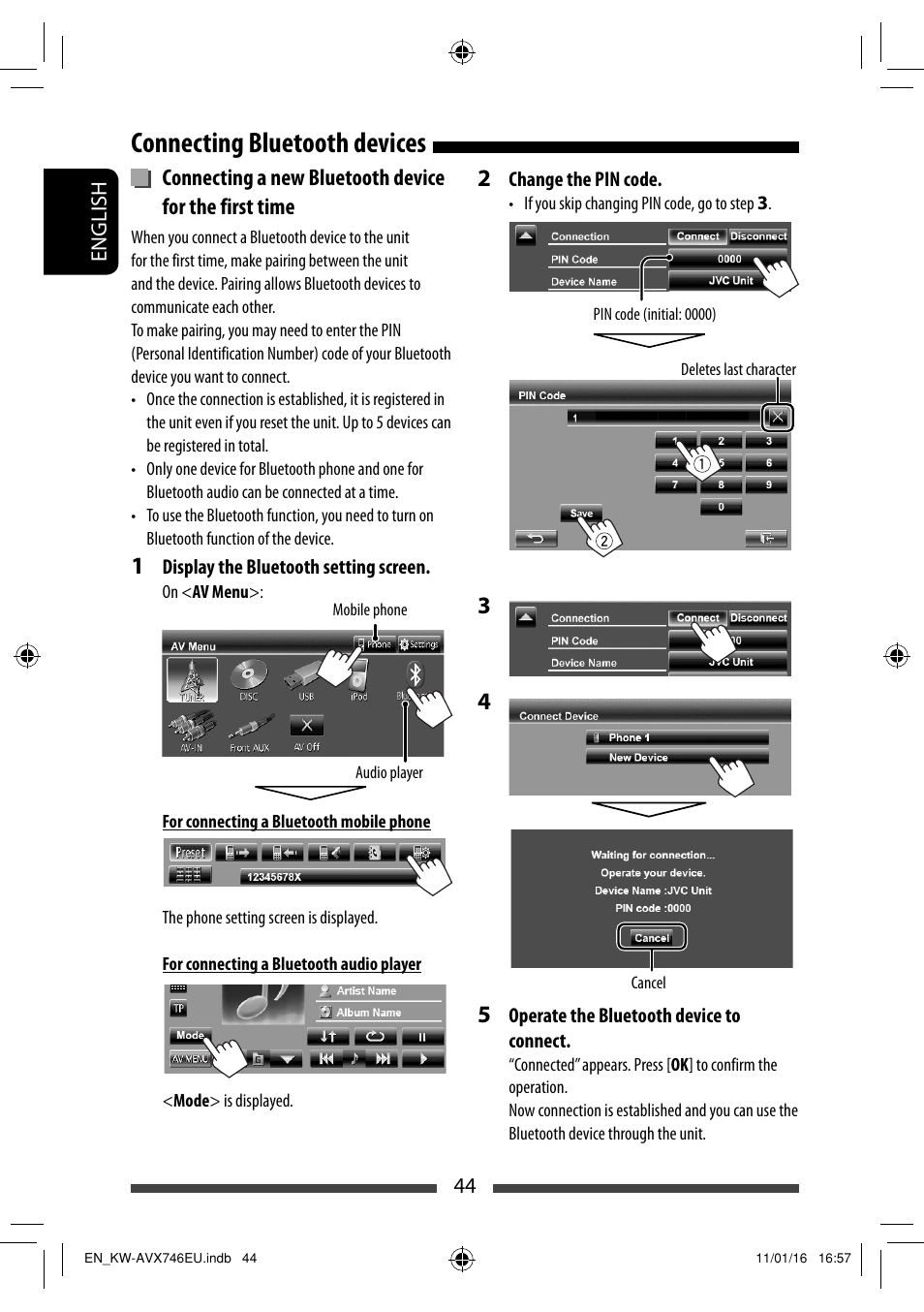 Connecting bluetooth devices | JVC KW-AVX746 User Manual | Page 44 / 197