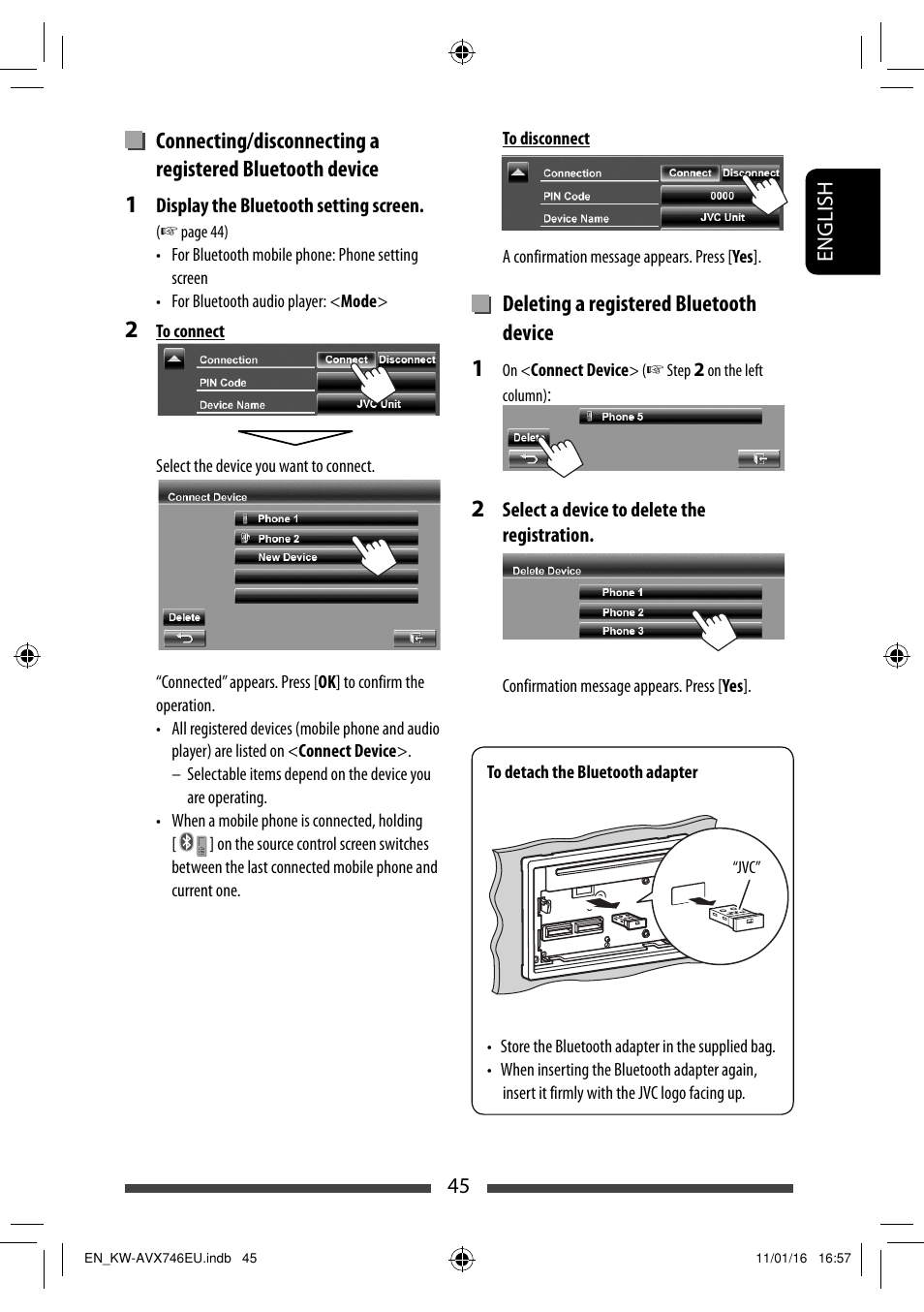 Deleting a registered bluetooth device | JVC KW-AVX746 User Manual | Page 45 / 197