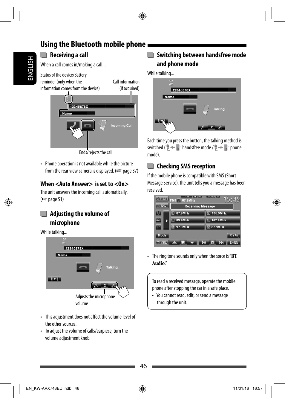 Using the bluetooth mobile phone, Receiving a call, Adjusting the volume of microphone | Switching between handsfree mode and phone mode, Checking sms reception | JVC KW-AVX746 User Manual | Page 46 / 197