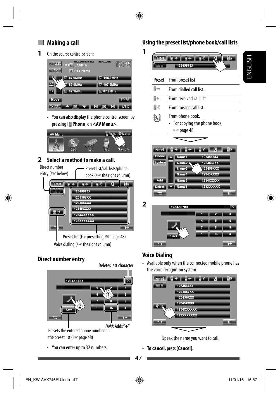 Making a call | JVC KW-AVX746 User Manual | Page 47 / 197