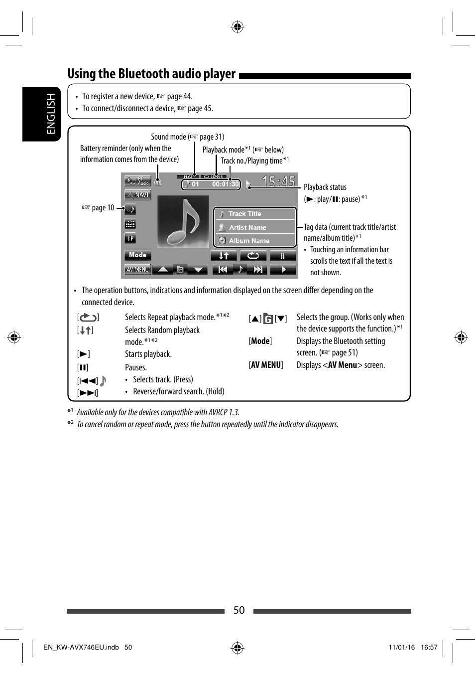 Using the bluetooth audio player, 50 english | JVC KW-AVX746 User Manual | Page 50 / 197