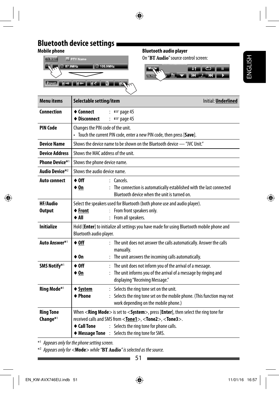 Bluetooth device settings, 51 english | JVC KW-AVX746 User Manual | Page 51 / 197