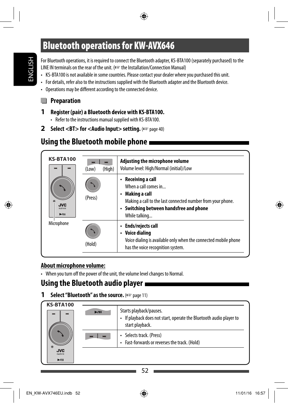 Bluetooth operations for kw-avx646, Using the bluetooth mobile phone, Using the bluetooth audio player | JVC KW-AVX746 User Manual | Page 52 / 197