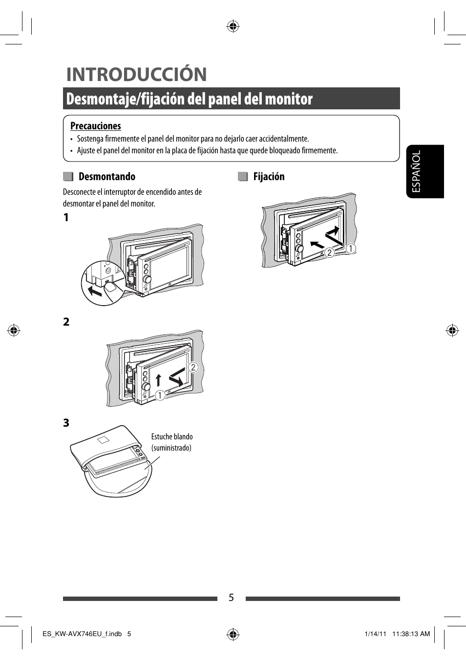 Introducción, Desmontaje/fijación del panel del monitor | JVC KW-AVX746 User Manual | Page 69 / 197