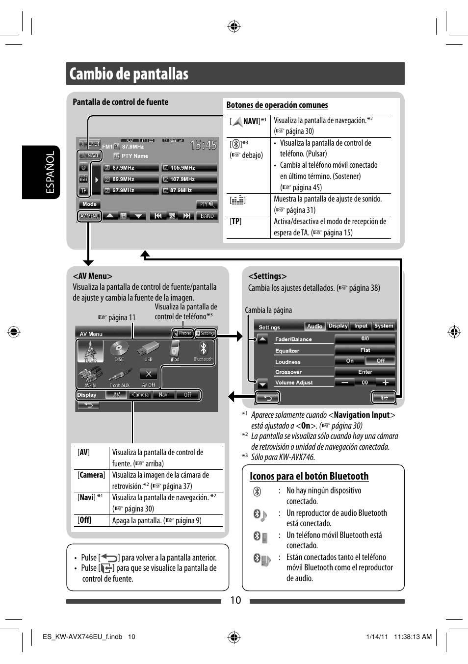 Cambio de pantallas, 10 esp añol, Iconos para el botón bluetooth | JVC KW-AVX746 User Manual | Page 74 / 197