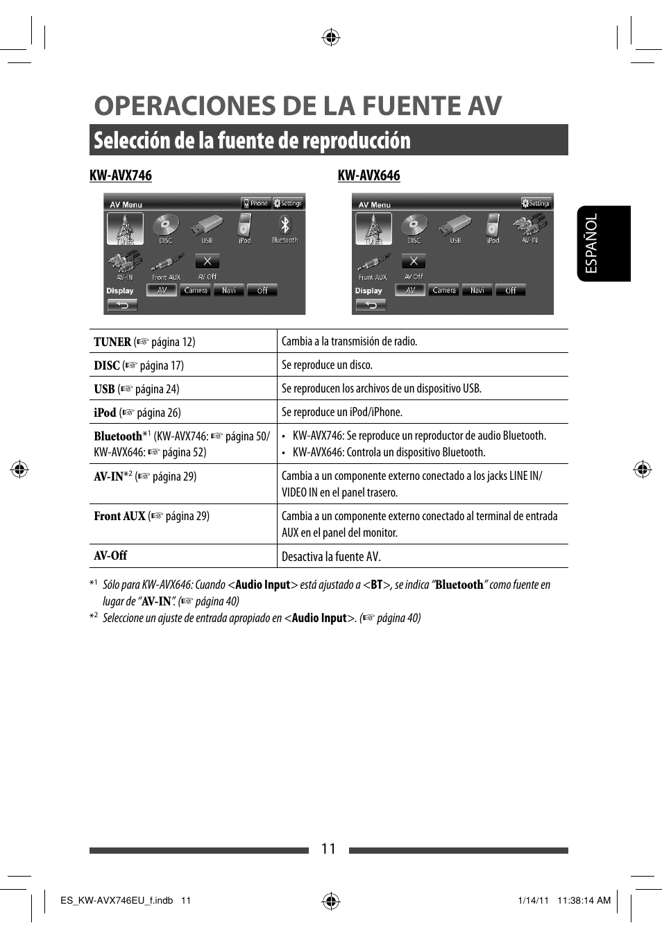 Operaciones de la fuente av, Selección de la fuente de reproducción | JVC KW-AVX746 User Manual | Page 75 / 197