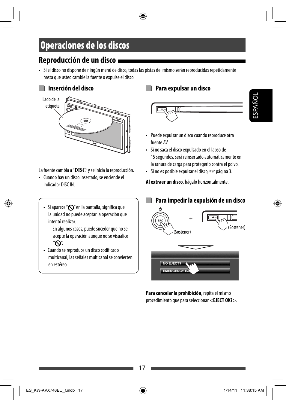 Operaciones de los discos, Reproducción de un disco | JVC KW-AVX746 User Manual | Page 81 / 197