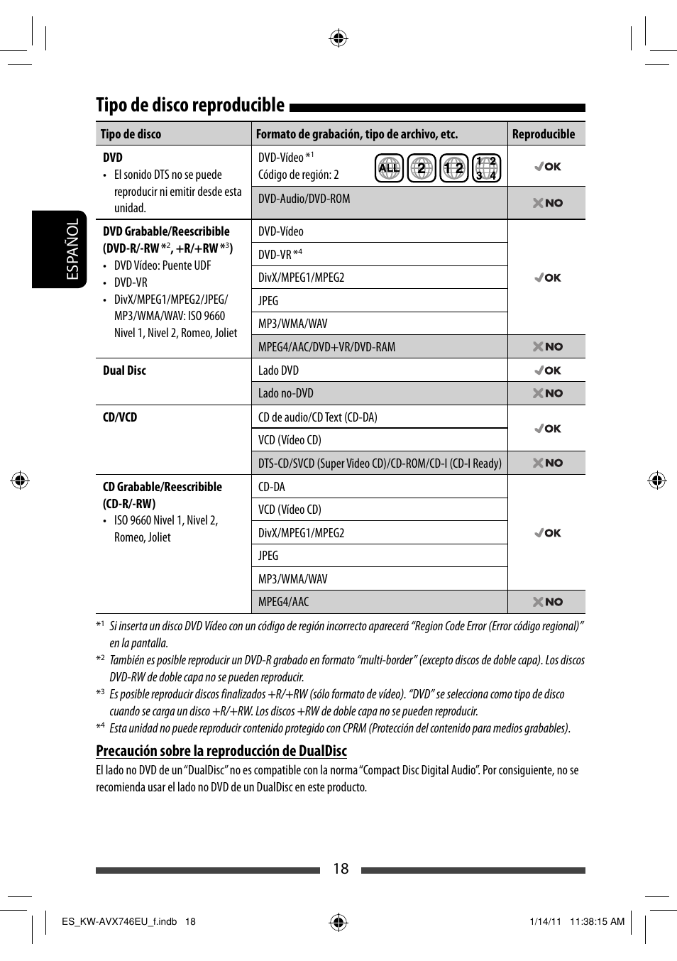 Tipo de disco reproducible, 18 esp añol, Precaución sobre la reproducción de dualdisc | JVC KW-AVX746 User Manual | Page 82 / 197