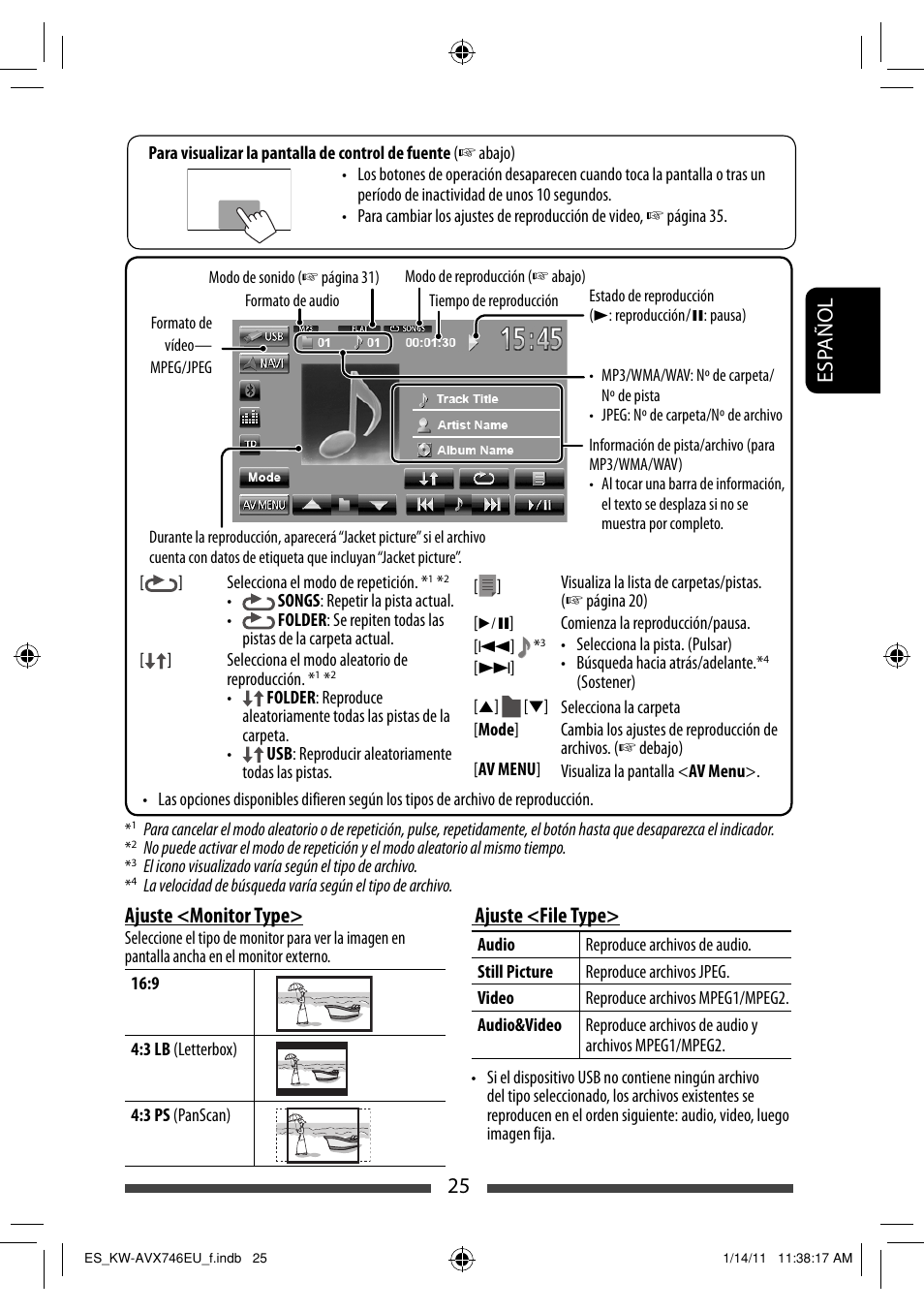 25 esp añol, Ajuste <file type, Ajuste <monitor type | JVC KW-AVX746 User Manual | Page 89 / 197