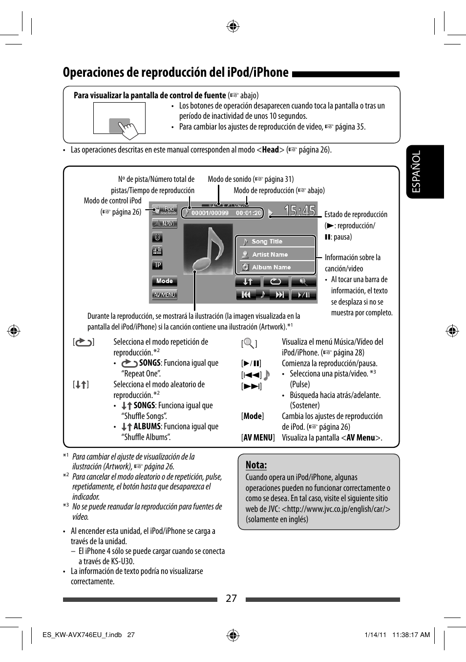 Operaciones de reproducción del ipod/iphone, 27 esp añol, Nota | JVC KW-AVX746 User Manual | Page 91 / 197