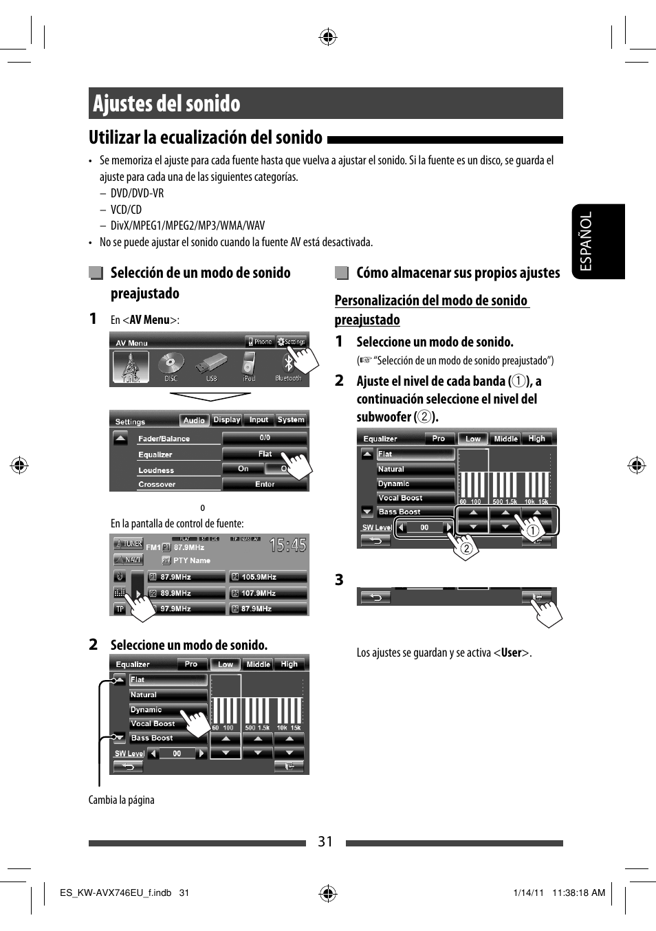 Ajustes del sonido, Utilizar la ecualización del sonido | JVC KW-AVX746 User Manual | Page 95 / 197