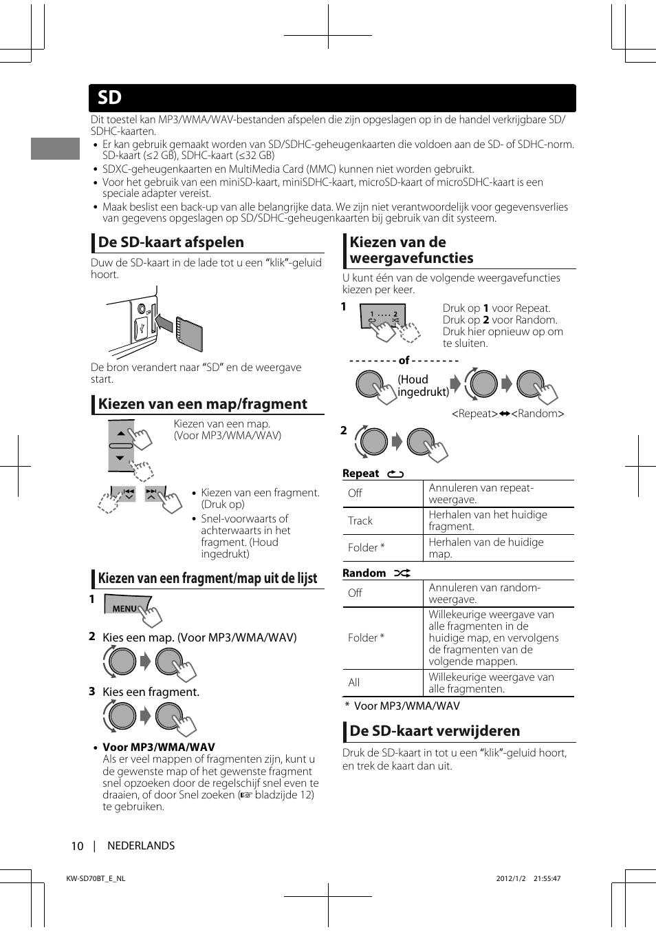 De sd-kaart afspelen, Kiezen van een map/fragment, Kiezen van een fragment/map uit de lijst | Kiezen van de weergavefuncties, De sd-kaart verwijderen | JVC KW-SD70 User Manual | Page 10 / 121