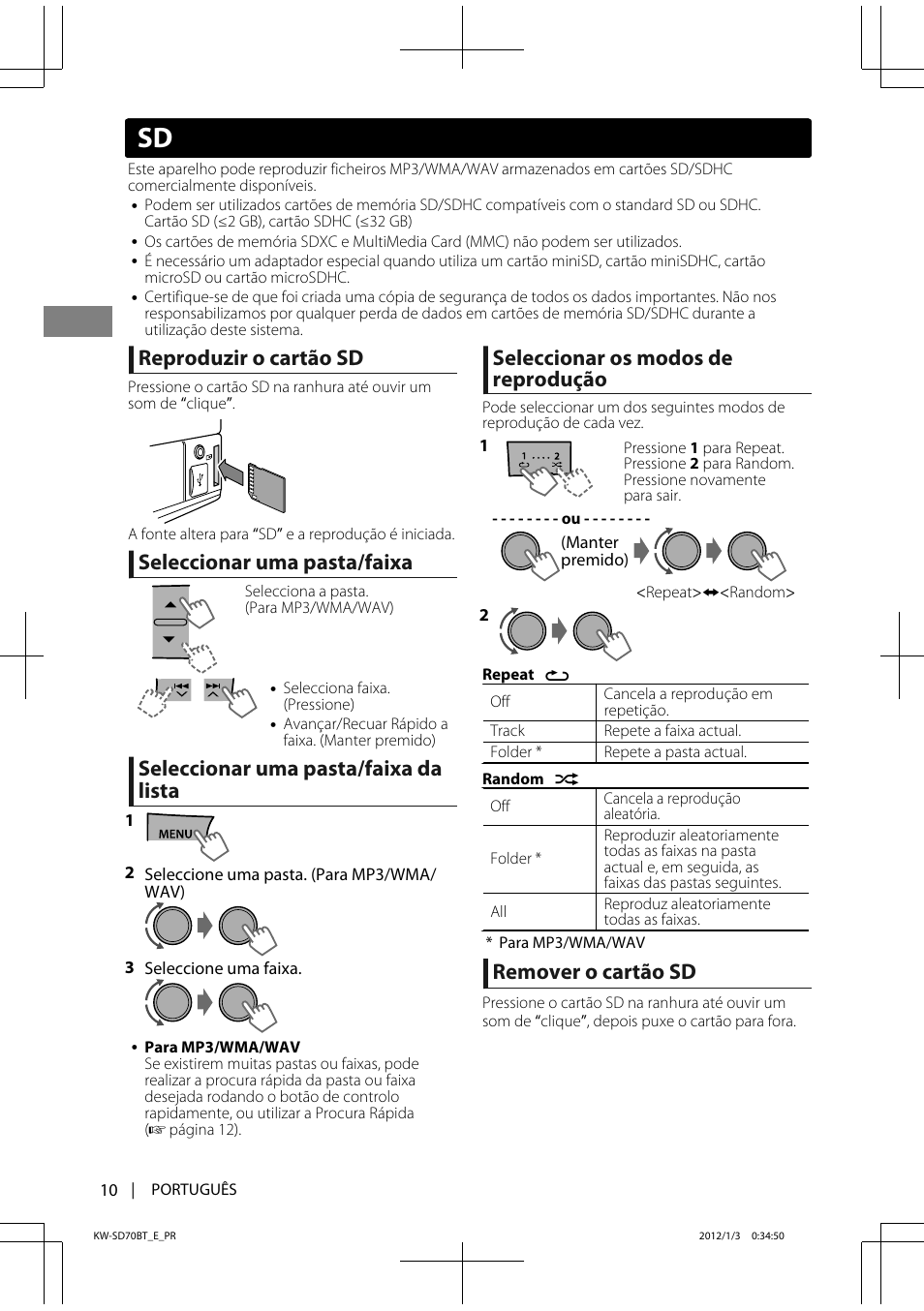 Reproduzir o cartão sd, Seleccionar uma pasta/faixa, Seleccionar uma pasta/faixa da lista | Seleccionar os modos de reprodução, Remover o cartão sd | JVC KW-SD70 User Manual | Page 100 / 121