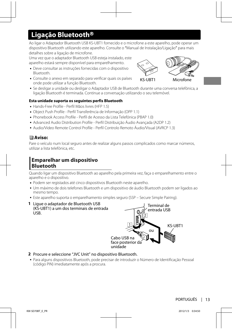 Ligação bluetooth, Emparelhar um dispositivo bluetooth | JVC KW-SD70 User Manual | Page 103 / 121