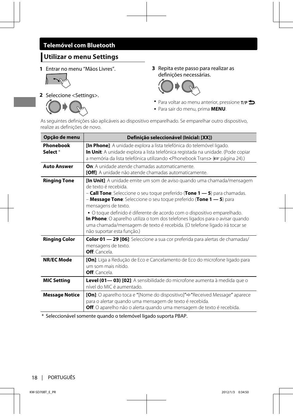 Utilizar o menu settings | JVC KW-SD70 User Manual | Page 108 / 121