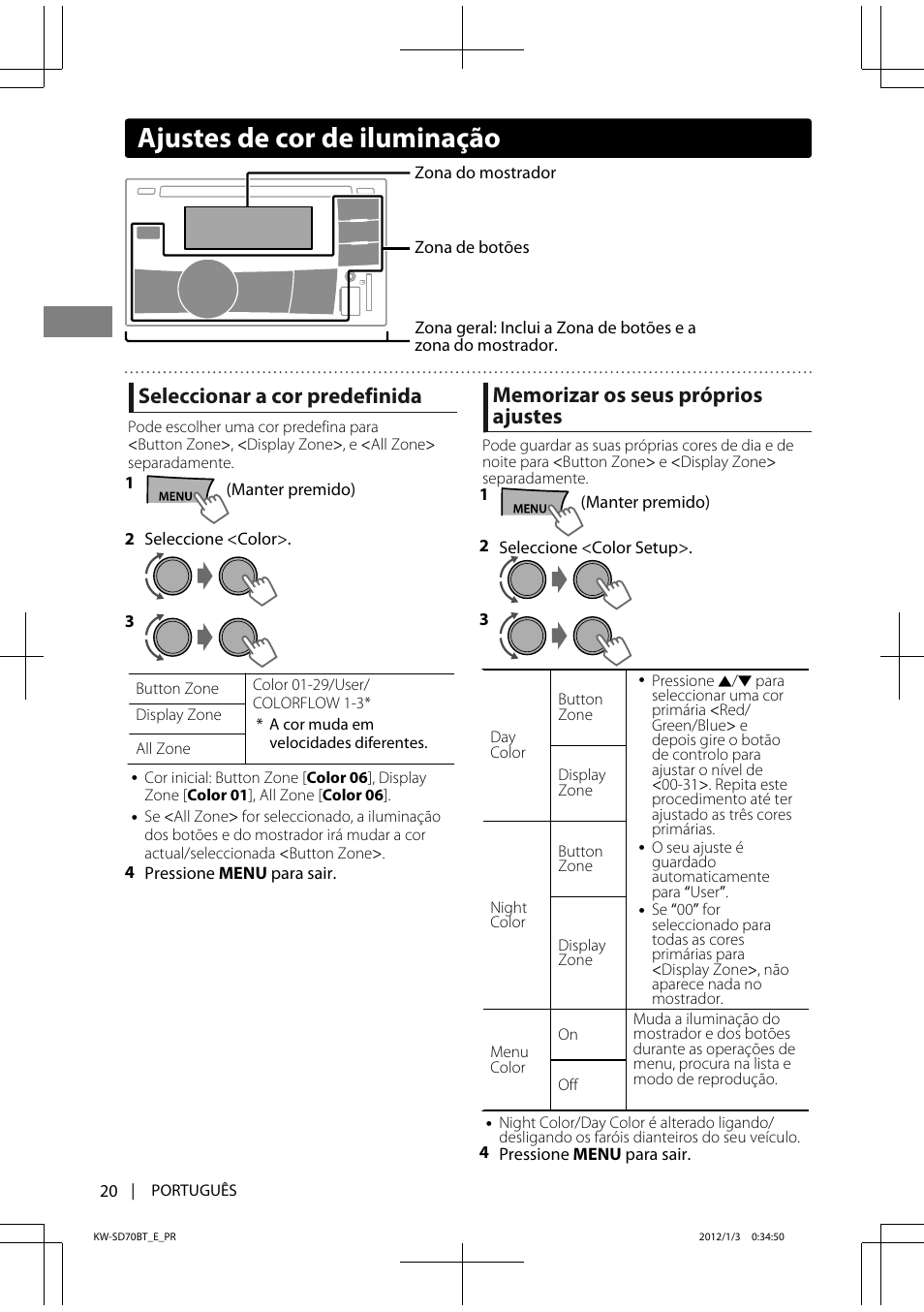 Ajustes de cor de iluminação, Seleccionar a cor predefinida | JVC KW-SD70 User Manual | Page 110 / 121