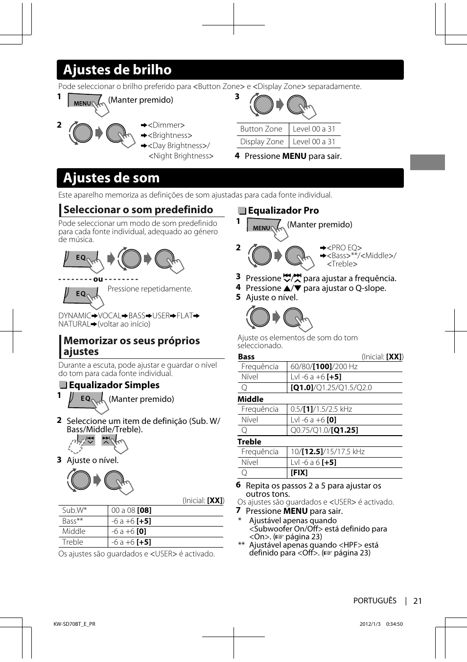 Ajustes de som, Ajustes de brilho, Seleccionar o som predefinido | JVC KW-SD70 User Manual | Page 111 / 121