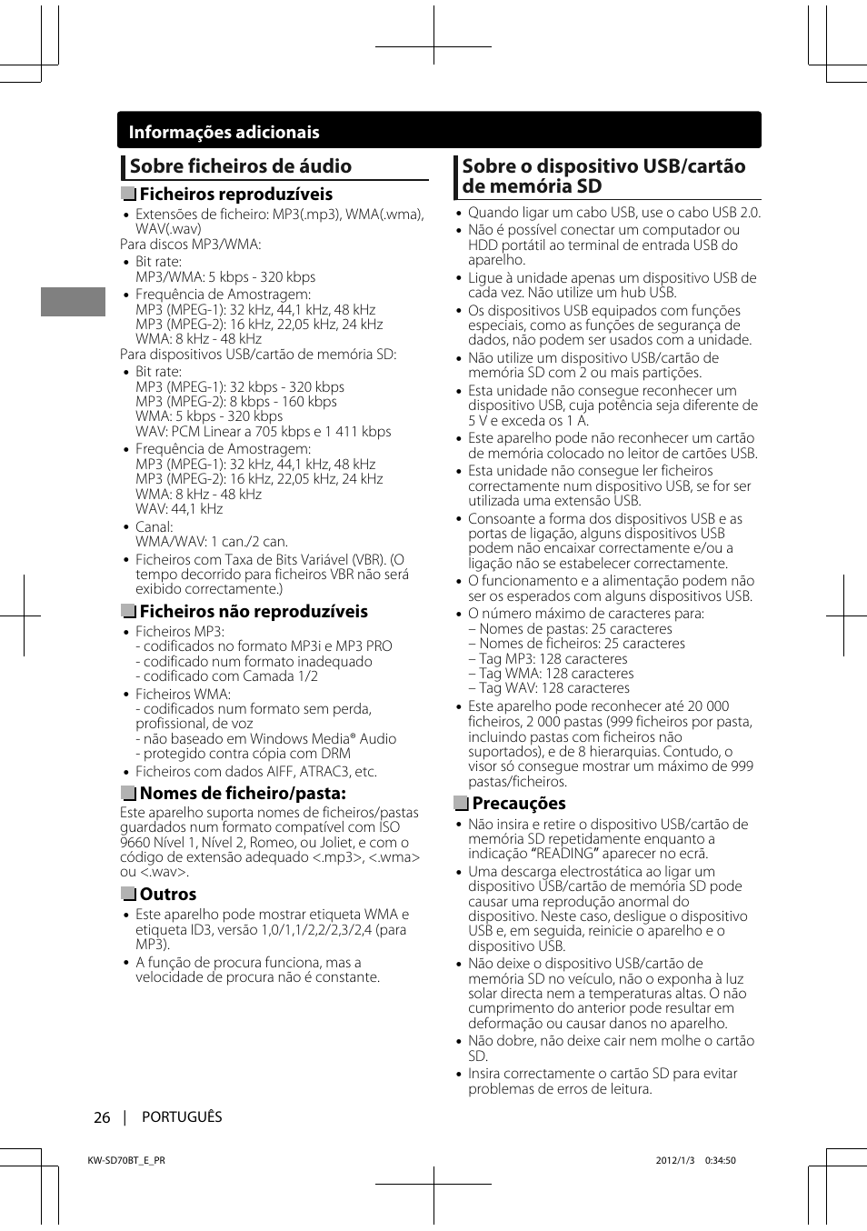 Sobre ficheiros de áudio, Sobre o dispositivo usb/cartão de memória sd, Ficheiros reproduzíveis | Ficheiros não reproduzíveis, Nomes de ficheiro/pasta, Outros, Precauções, Informações adicionais | JVC KW-SD70 User Manual | Page 116 / 121