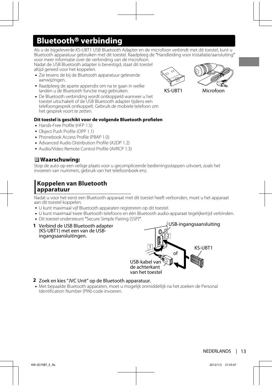 Bluetooth ா verbinding, Koppelen van bluetooth apparatuur | JVC KW-SD70 User Manual | Page 13 / 121