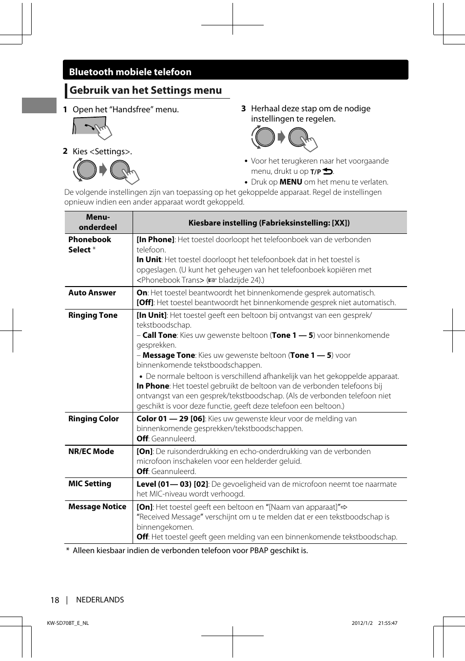 Gebruik van het settings menu | JVC KW-SD70 User Manual | Page 18 / 121