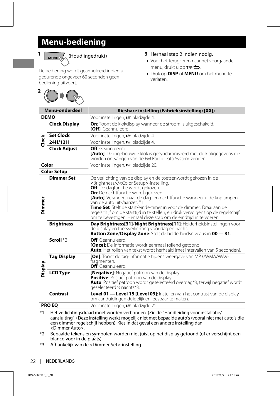 Menu-bediening | JVC KW-SD70 User Manual | Page 22 / 121
