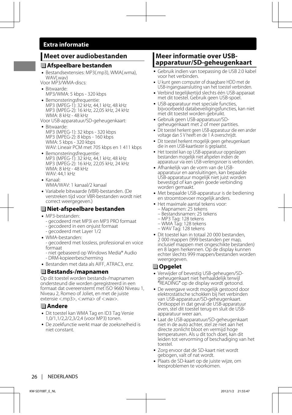 Meet over audiobestanden, Afspeelbare bestanden, Niet-afspeelbare bestanden | Bestands-/mapnamen, Andere, Opgelet, Extra informatie | JVC KW-SD70 User Manual | Page 26 / 121