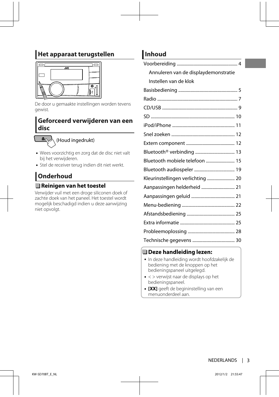 Het apparaat terugstellen, Geforceerd verwijderen van een disc, Onderhoud | Inhoud | JVC KW-SD70 User Manual | Page 3 / 121
