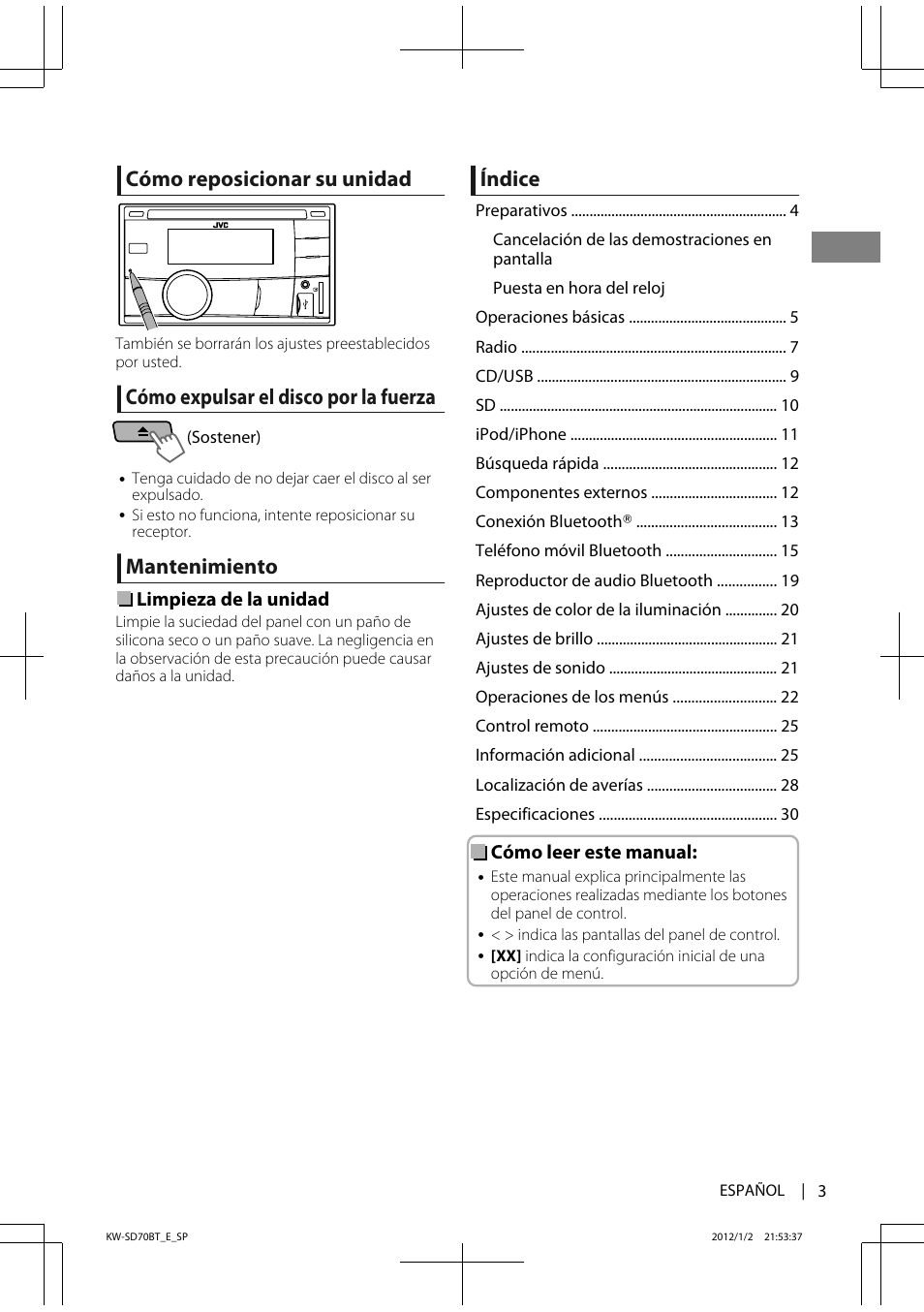 Cómo reposicionar su unidad, Cómo expulsar el disco por la fuerza, Mantenimiento | Índice | JVC KW-SD70 User Manual | Page 33 / 121