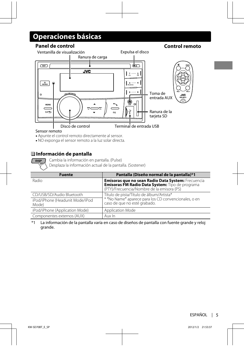 Operaciones básicas, Control remoto, Panel de control | JVC KW-SD70 User Manual | Page 35 / 121