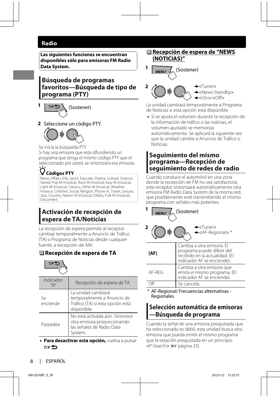 Activación de recepción de espera de ta/noticias | JVC KW-SD70 User Manual | Page 38 / 121