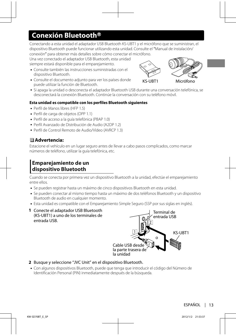 Conexión bluetooth, Emparejamiento de un dispositivo bluetooth | JVC KW-SD70 User Manual | Page 43 / 121