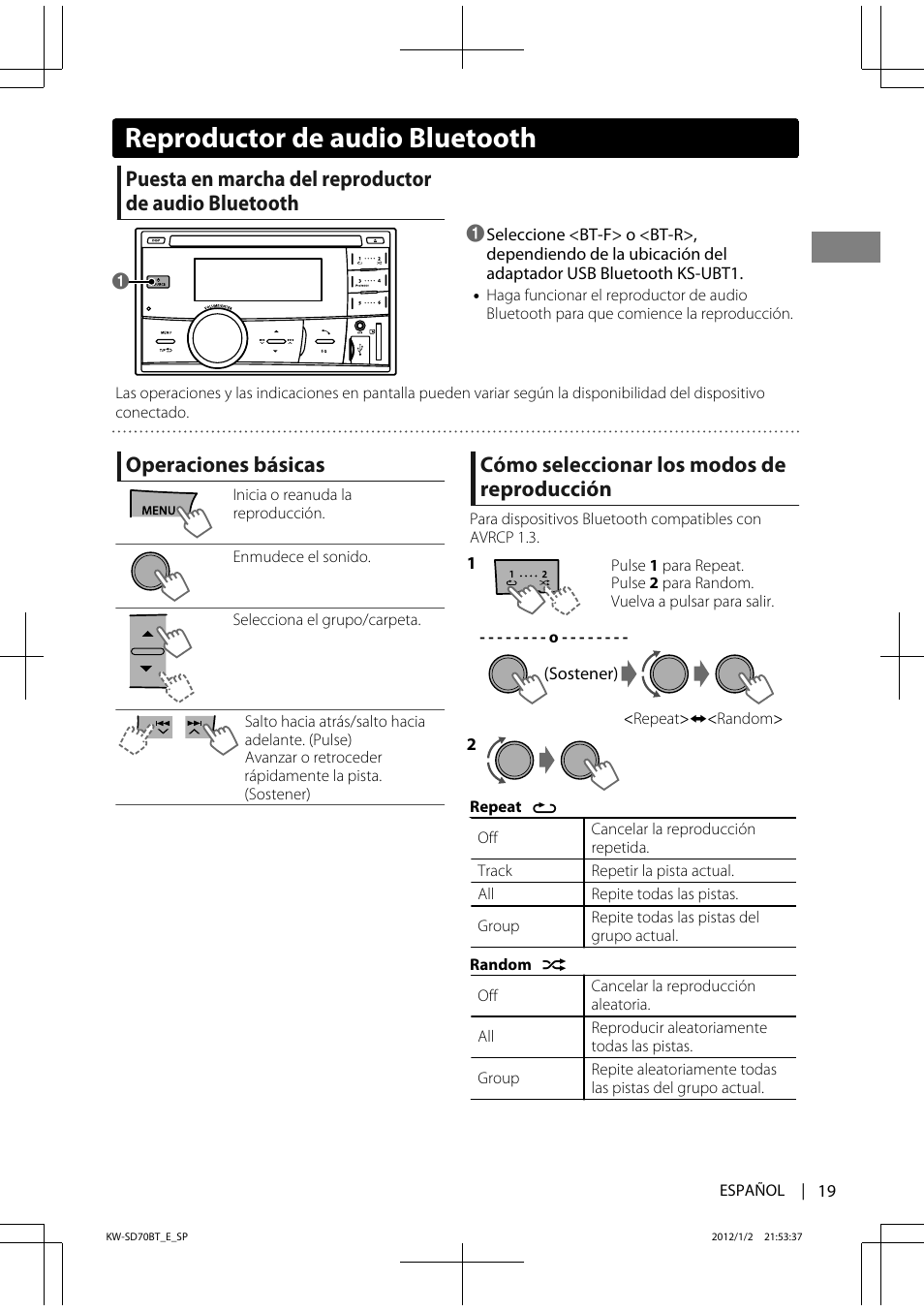 Reproductor de audio bluetooth, Operaciones básicas, Cómo seleccionar los modos de reproducción | JVC KW-SD70 User Manual | Page 49 / 121