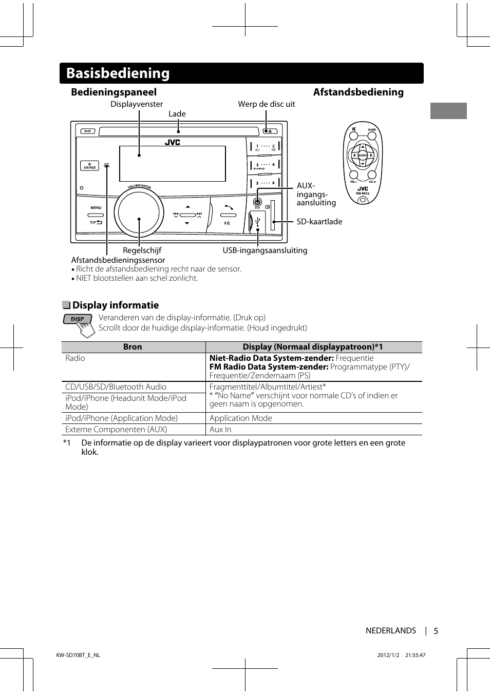 Basisbediening | JVC KW-SD70 User Manual | Page 5 / 121