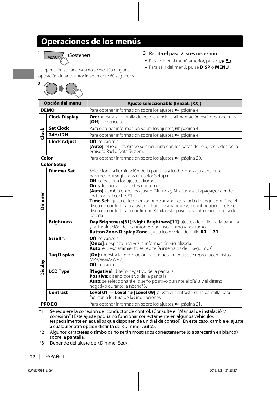 Operaciones de los menús | JVC KW-SD70 User Manual | Page 52 / 121