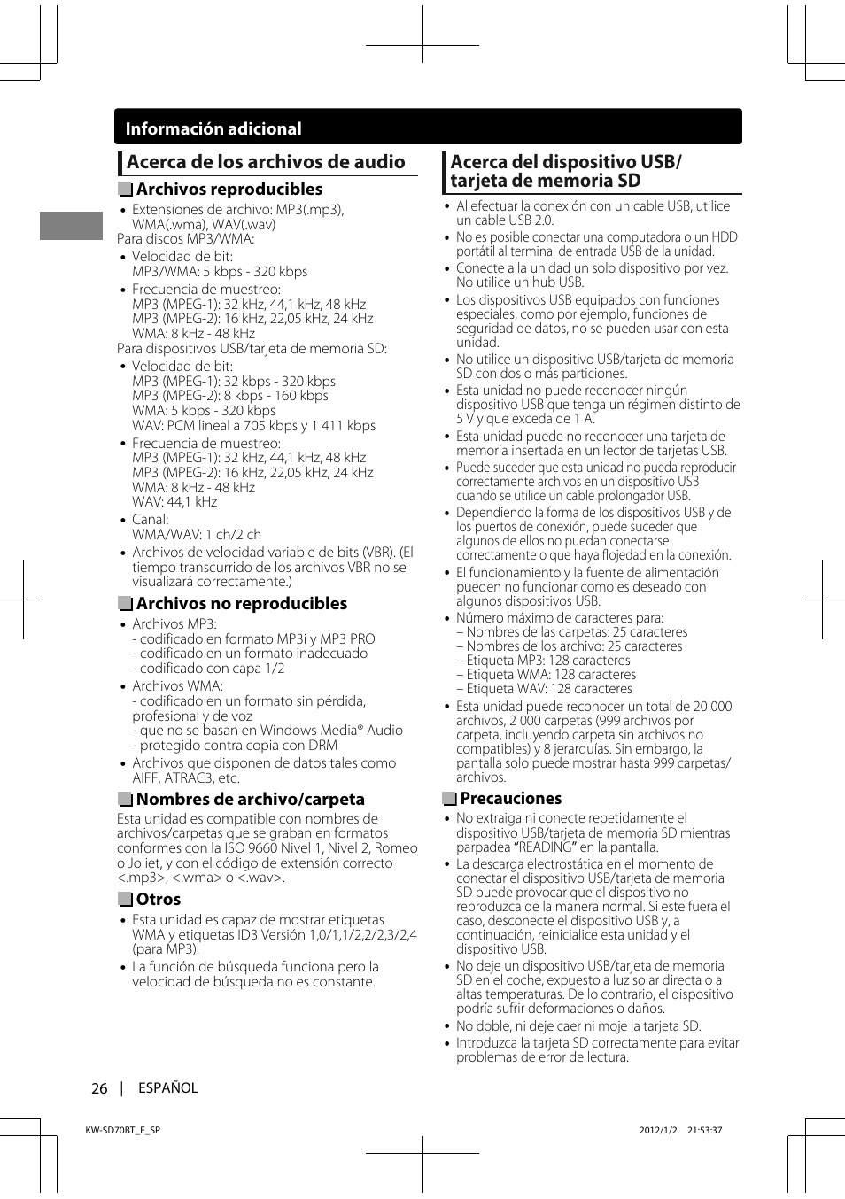 Acerca de los archivos de audio, Archivos reproducibles, Archivos no reproducibles | Nombres de archivo/carpeta, Otros, Precauciones, Información adicional | JVC KW-SD70 User Manual | Page 56 / 121