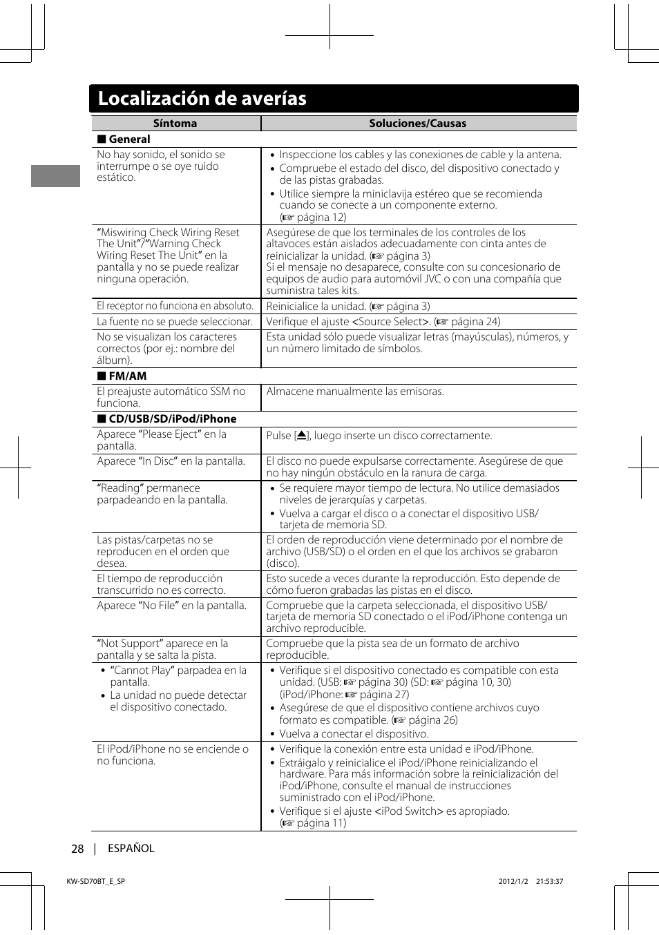 Localización de averías | JVC KW-SD70 User Manual | Page 58 / 121