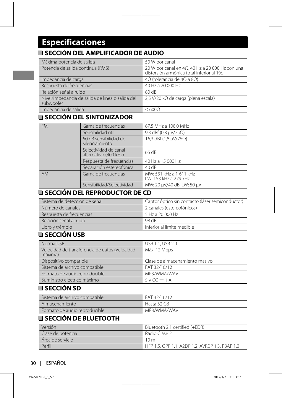 Especificaciones, Sección del amplificador de audio, Sección del sintonizador | Sección del reproductor de cd, Sección usb, Sección sd, Sección de bluetooth | JVC KW-SD70 User Manual | Page 60 / 121