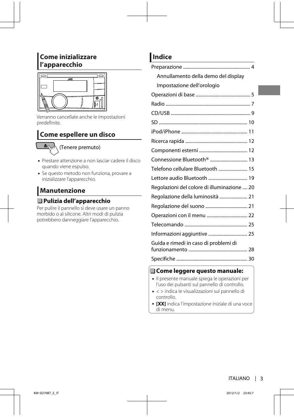 Come inizializzare l’apparecchio, Come espellere un disco, Manutenzione | Indice | JVC KW-SD70 User Manual | Page 63 / 121