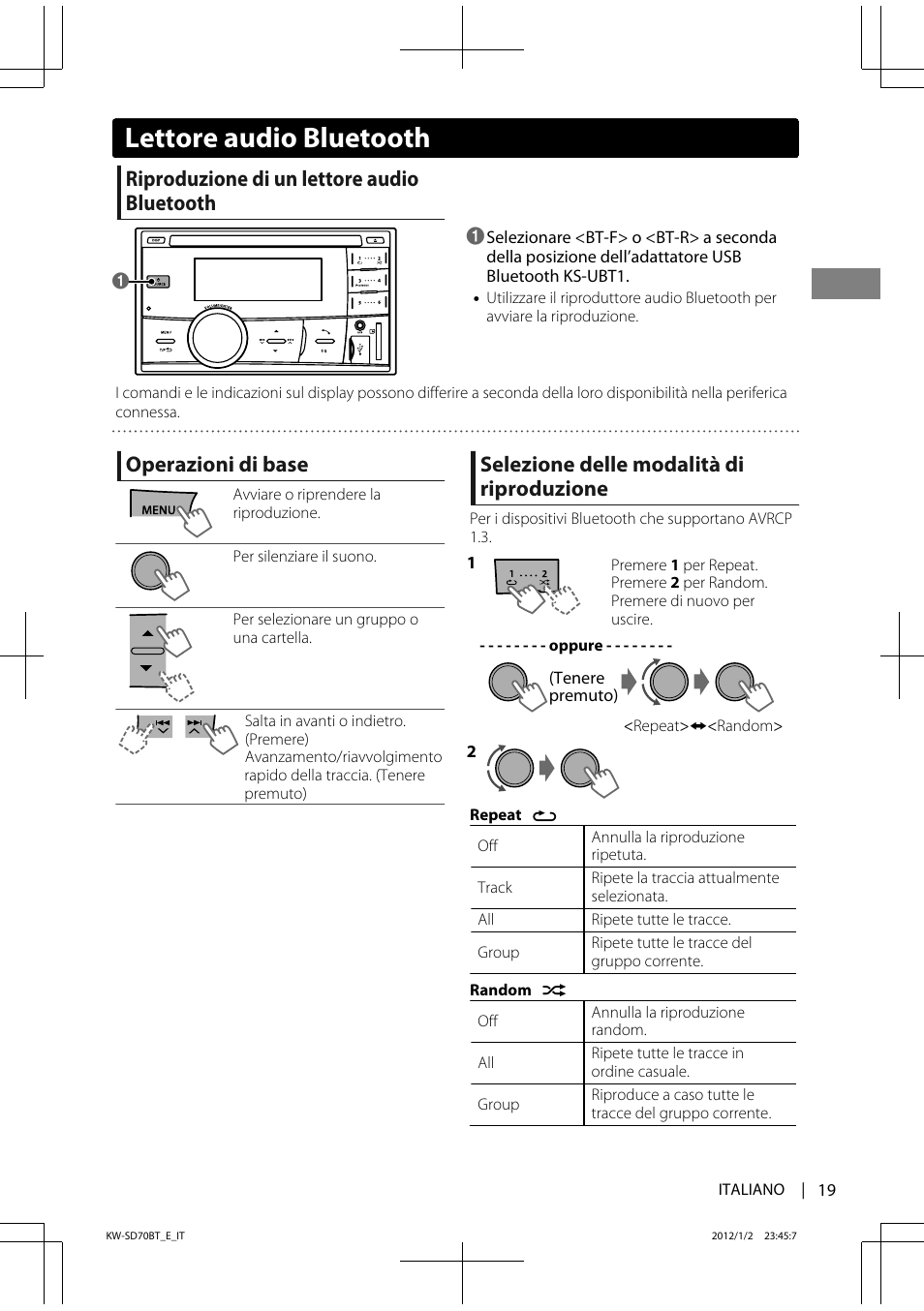 Lettore audio bluetooth, Riproduzione di un lettore audio bluetooth, Operazioni di base | Selezione delle modalità di riproduzione | JVC KW-SD70 User Manual | Page 79 / 121