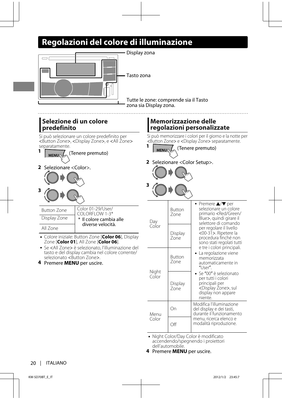 Regolazioni del colore di illuminazione, Selezione di un colore predefinito | JVC KW-SD70 User Manual | Page 80 / 121