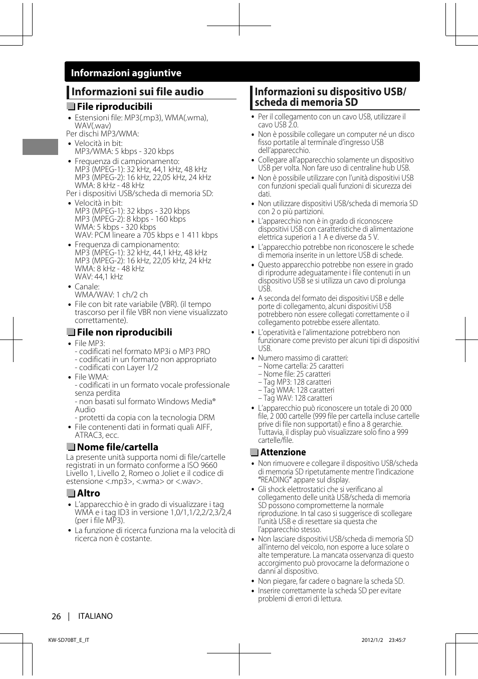 Informazioni sui file audio, File riproducibili, File non riproducibili | Nome file/cartella, Altro, Attenzione, Informazioni aggiuntive | JVC KW-SD70 User Manual | Page 86 / 121