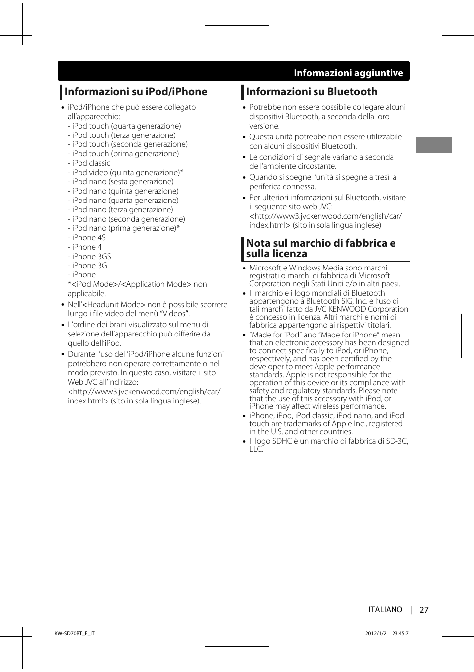 Informazioni su ipod/iphone, Informazioni su bluetooth, Nota sul marchio di fabbrica e sulla licenza | Informazioni aggiuntive | JVC KW-SD70 User Manual | Page 87 / 121