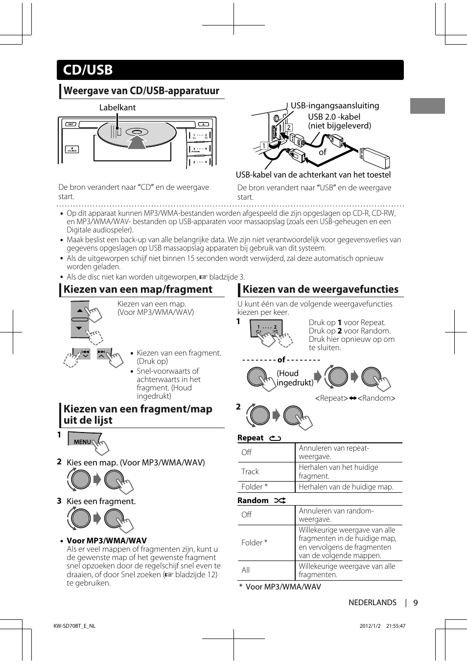 Cd/usb, Weergave van cd/usb-apparatuur, Kiezen van een map/fragment | Kiezen van een fragment/map uit de lijst, Kiezen van de weergavefuncties | JVC KW-SD70 User Manual | Page 9 / 121