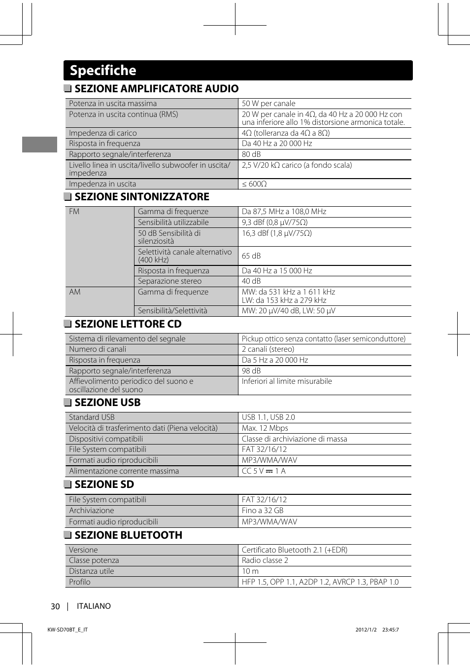 Specifiche, Sezione amplificatore audio, Sezione sintonizzatore | Sezione lettore cd, Sezione usb, Sezione sd, Sezione bluetooth | JVC KW-SD70 User Manual | Page 90 / 121