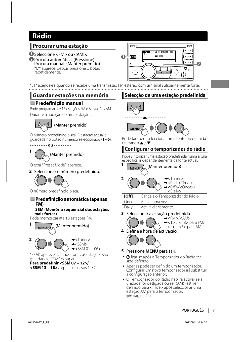 Rádio, Procurar uma estação, Guardar estações na memória | Selecção de uma estação predefinida, Configurar o temporizador do rádio | JVC KW-SD70 User Manual | Page 97 / 121