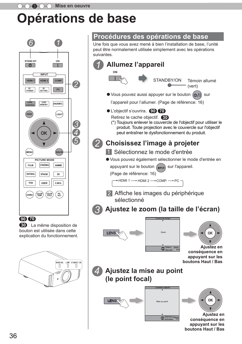 Opérations de base, Procédures des opérations de base, Allumez l’appareil | Choisissez l’image à projeter, Ajustez le zoom (la taille de l’écran), Ajustez la mise au point (le point focal), Affiche les images du périphérique sélectionné, Sélectionnez le mode d'entrée, Mise en oeuvre 3 | JVC DLA-X90 User Manual | Page 132 / 288