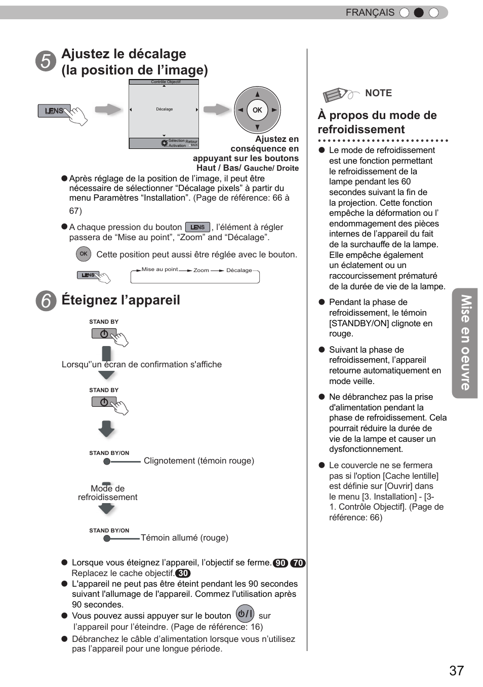 Mise en oeuvre, Ajustez le décalage (la position de l’image), Éteignez l’appareil | À propos du mode de refroidissement | JVC DLA-X90 User Manual | Page 133 / 288