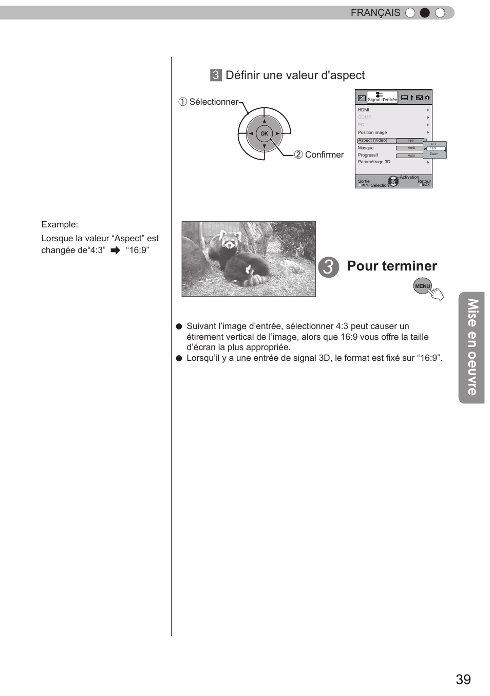 Mise en oeuvre, Pour terminer, Français | Confirmer ① sélectionner | JVC DLA-X90 User Manual | Page 135 / 288